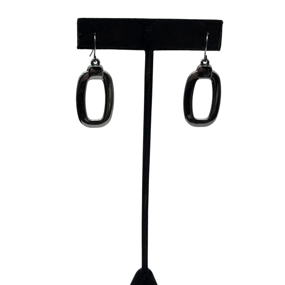 Gray Rectangle Dangle Drop Earrings Women Gunmetal Tone Open Hoop Hook Fashion